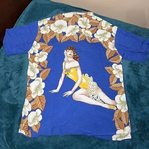 Pierre Cardin Hawaiian Button-up Shirt Men's Large Hula‎ Girl Tropical Floral